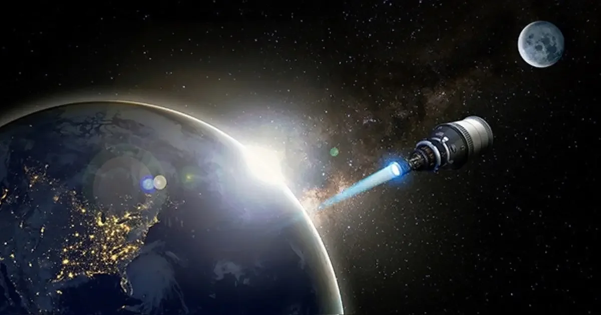 DRACO nuclear thermal rocket concept art: an NTP vehicle firing its engine beyond Earth, the Moon ahead (DARPA concept art)